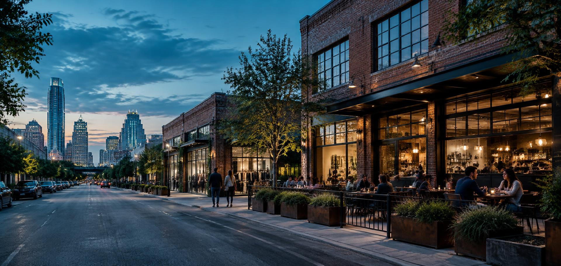 Austin's vibrant warehouse district and local businesses at dusk